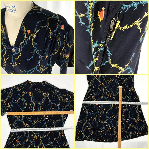 Vintage 40s Dress Floral Rayon navy blue volup - image 9