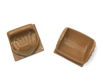 Vintage 70s 80s Bathroom Soap and toilet roll Holders Ceramic Brown Tan Retro Renovation MCM