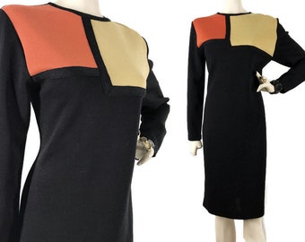 Vintage 80s Dress Colorblock Knit Town and Country Black Orange Tan Midi