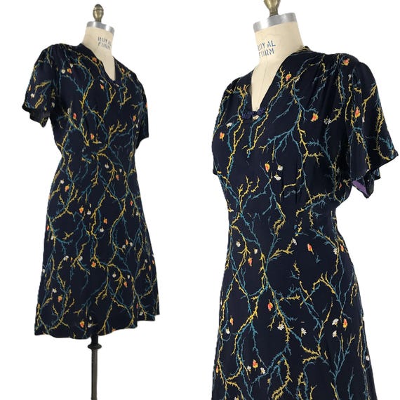 Vintage 40s Dress Floral Rayon navy blue volup - image 4