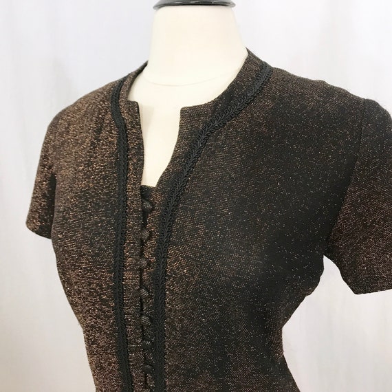 Vintage 60s Blouse Copper Lurex Black Button Crop… - image 3