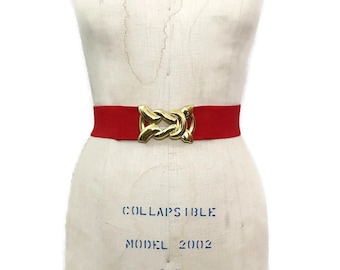 Vintage 80s Belt Wide Red Elastic Stretch Cinch Belt Gold Buckle M L