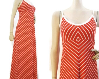 Vintage 70s Dress Chevron Striped Halter Maxi Orange White Summer Sundress