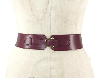 Vintage 80s Cinch Belt Maroon Leather Wide Contour Corset buckle Emmanuel