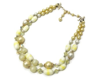 Vintage 50s 60s Necklace 2 Strand Yellow Crystal and Bead Bib