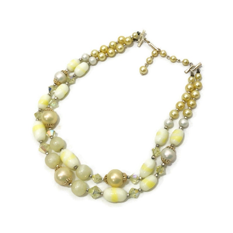 Vintage 50s 60s Necklace 2 Strand Yellow Crystal and Bead Bib image 1