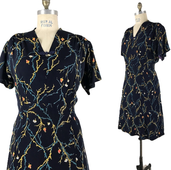 Vintage 40s Dress Floral Rayon navy blue volup - image 6