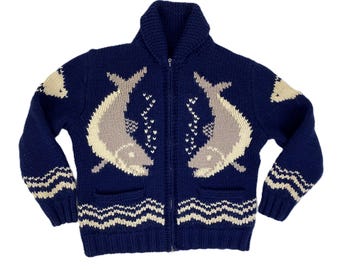 Vintage 60s Sweater Jacket Navy Blue Fish Hand-knit Cardigan Jacket Mary Maxim Anglers
