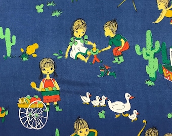 Vintage 60s Novelty Fabric Juvenile Blue Kids Playing, Mexico Theme - 3 Yards
