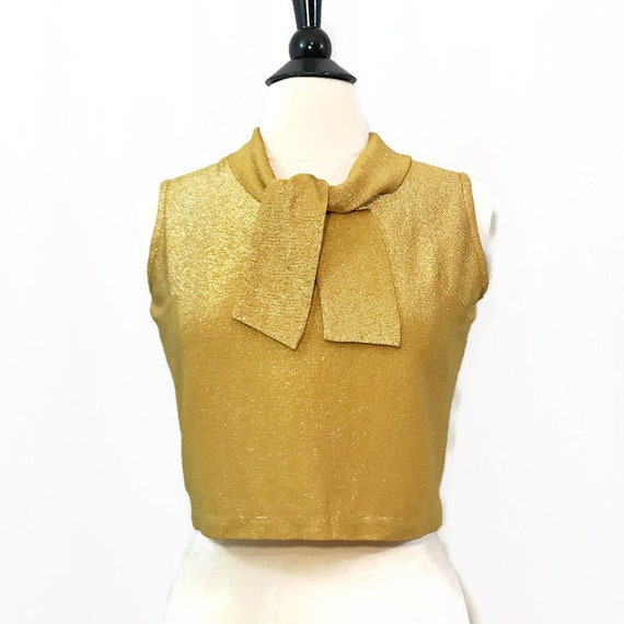 Vintage 60s Blouse Gold Lurex Neck Tie Back Button