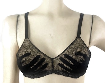 Vintage Bra 30s 40s Schiaparelli inspired surrealist Hands Brasierre Black Satin Lace Silk lingerie