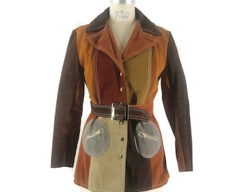 Vintage 60s 70s Jacket Patchwork Suede Colorblock Snap Front  Belted Gassy Jack