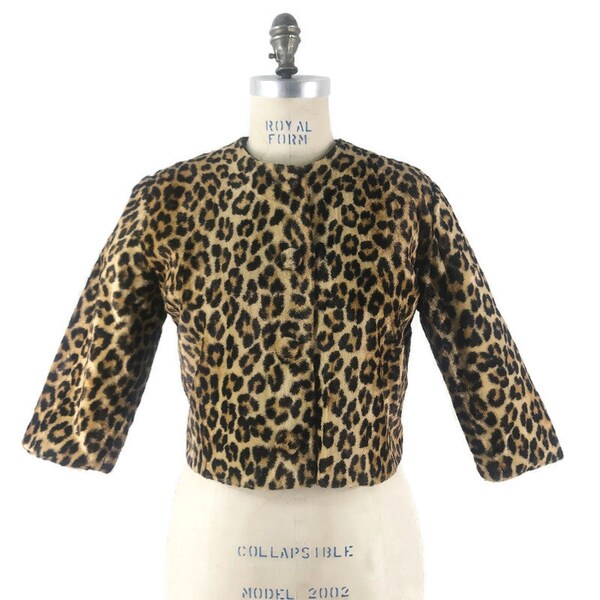 Vintage 60s Leopard Jacket Cropped Faux Fur Light Coat Bolero