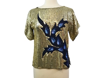 Vintage 80s Blouse Sequin Beaded Silk Flapper Style Tunic Top Holiday Cocktail Party