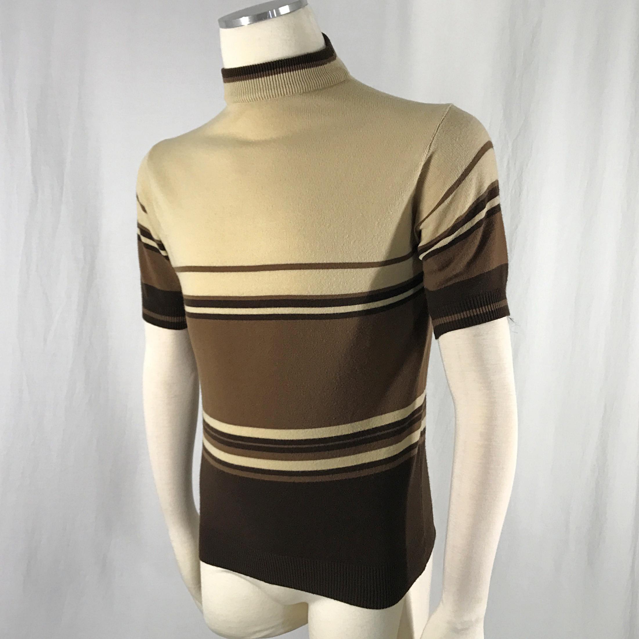 Vintage 60s 70s Sweater Short Sleeve Mock Neck Brown Striped Vintage 60s 70s Sweater Short Sleeve Mock Neck Brown Striped