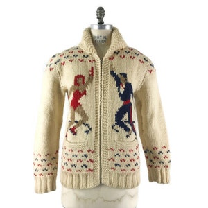 Vintage Sweater Jacket Mary Maxim Dancing Blades Ice Skating Hand-knit Graph Cowichan-Style Unisex Size