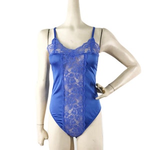 Vintage 80s Bodysuit Teddy Blue Lace Nylon Sheer front Lingerie