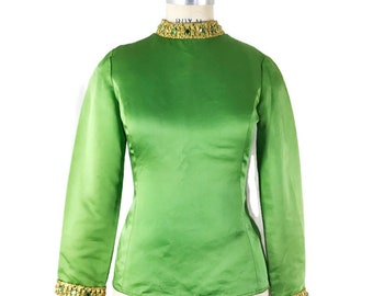 Vintage 60s Top Green Satin Gold Cocktail Evening Blouse Morton Myles for Malcolm Charles