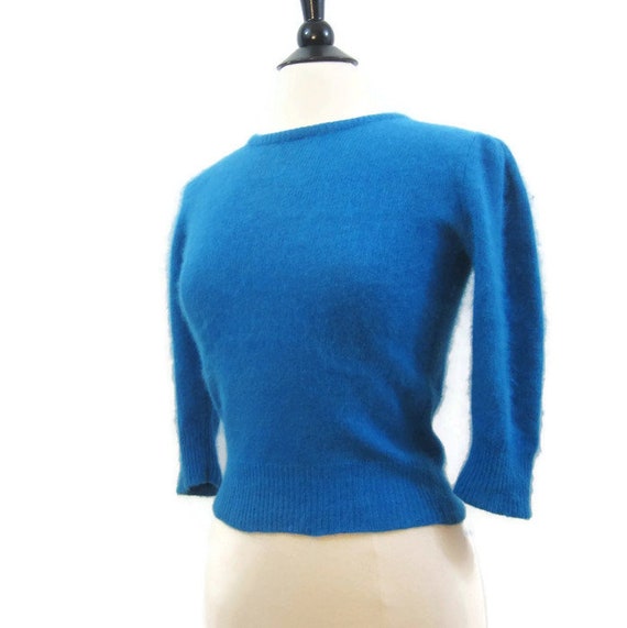 Vintage 80s Angora Sweater Blue Puff Sleeve Cropped Fluffy | Etsy