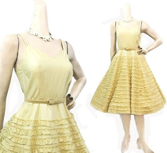 Vintage 50s Dress Yellow Cotton Ruffled Sundress S