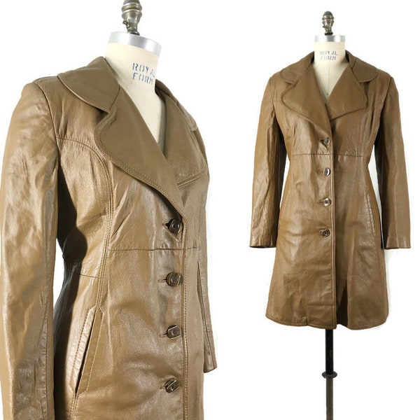 Vintage 70s Leather Jacket Brown fitted Soft Huge lapels