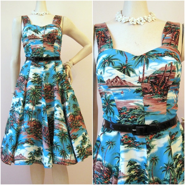 50s Dress Vintage Hawaiian Rayon Scenic Print Sun Dess and Bolero