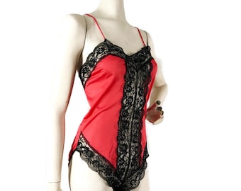 Vintage 80s Lingerie Teddy Red Silky Nylon Black sheer Lace High Cut Romper Onesie