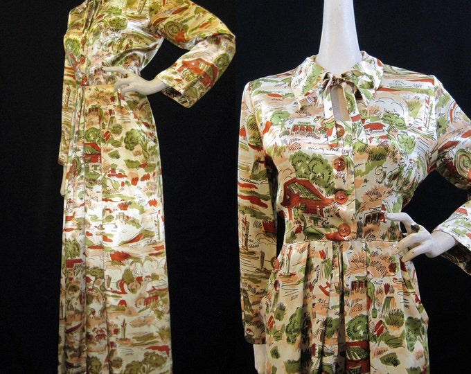 40s Robe Vintage Novelty Print Rayon Liquid Satin Hollywood Etsy