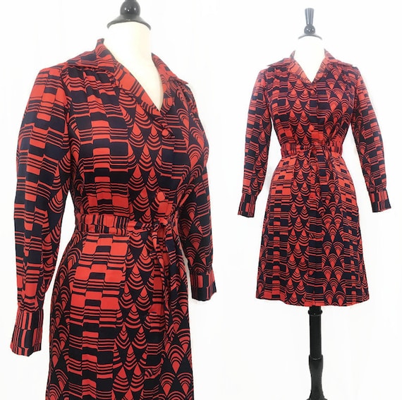 Vintage Lanvin Dress 1970s Op Art Print Red Blue … - image 1