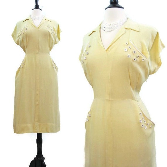 Vintage 50s Dress Yellow Rayon Daisy Rhinestone Su