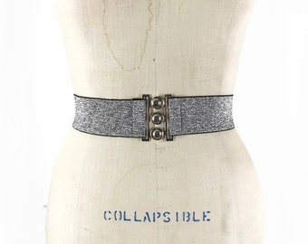 Vintage 80s Belt Silver sparkly Elastic Cinch Belt Stretch disco