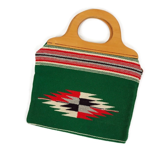 Vintage 40s 50s Chimayo Purse Handbag Wood Handles Woven Wool