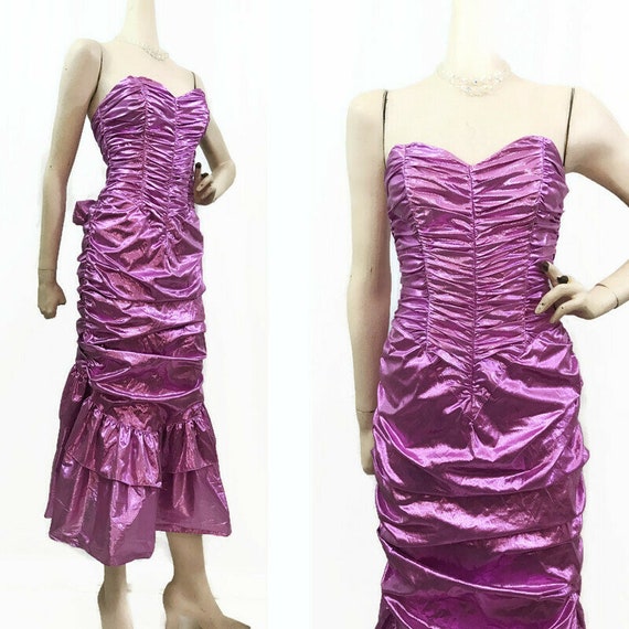 Vintage 80s Dress Purple Lame Strapless Ruched Bac