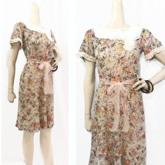 Vintage 30s Dress Floral Cotton Voile Farm House D