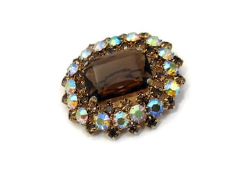 Vintage 50s Brooch Rhinestone Topaz and Aurora Cocktail Evening Gold tone Pin