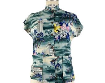 Vintage 40s Blouse Hawaiian Rayon: Aloha Tower Souvenir Top