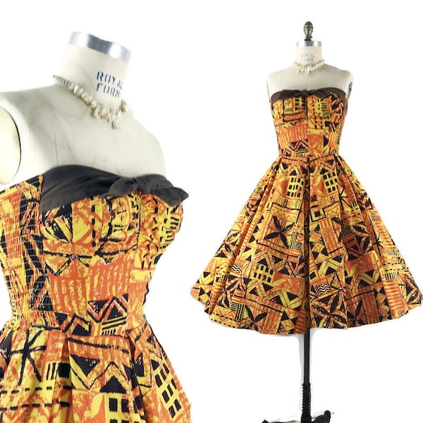 Vintage 50er Jahre Hawaii Kleid Kiilani Alfred Shaheen Bold Tapa Print Voller Rock Trägerloses Sommerkleid