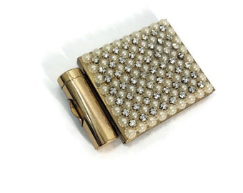 Vintage compact Lipstick and Powder case Pearl Rhinestones Mirror Gold tone Weisner