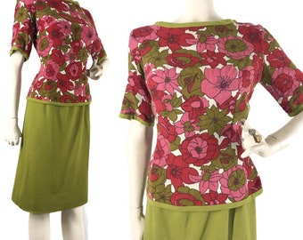 Vintage 60s Dress Jeanette Alexander Wool Floral Chartreuse Wiggle AS IS