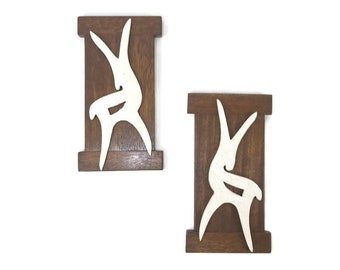 Vintage Deer Wall Plaques 50s Wood Plaster Glitter MCM Home decor wall hanging Set 2
