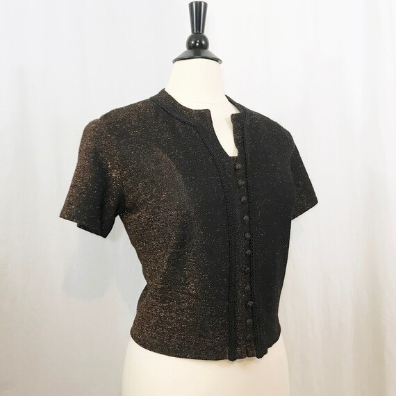 Vintage 60s Blouse Copper Lurex Black Button Crop… - image 2