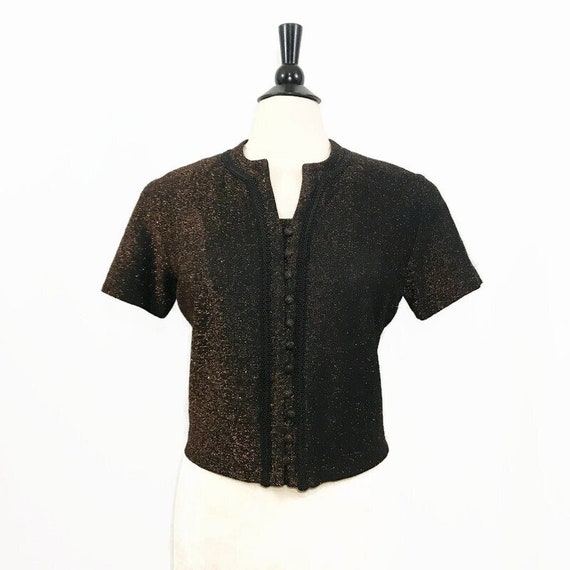 Vintage 60s Blouse Copper Lurex Black Button Crop… - image 1