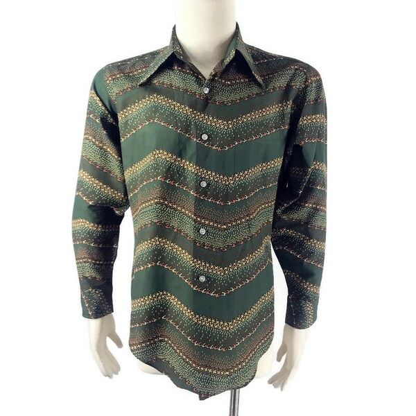 Vintage 70s Shirt Mens Dark Green MCM Geometric print Polyester Van Heusen