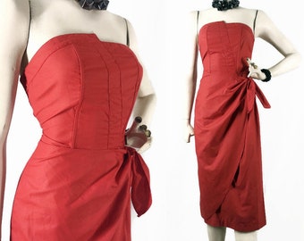 Vintage 80s Dress Red Sarong Skirt Strapless New Wave Asymmetrical