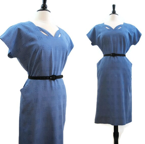 Vintage 50s Dress Cutout Neckline Blue Cotton Wigg