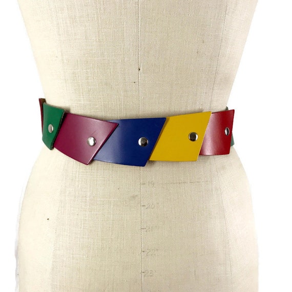 Vintage 60s Belt Multi-colored Leather Squares Re… - image 1