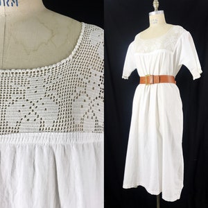 Antique Night Dress White Cotton Crochet lace FLIES BUGS Vintage Midi Nightgown
