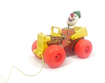 Vintage 60s Fisher Price Jalopy Toy Wooden Pull Clown Car AS IS