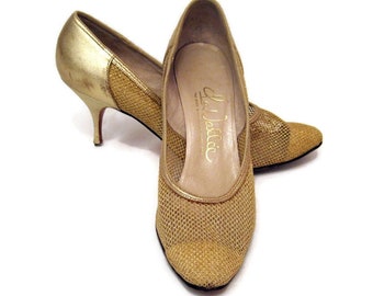 Vintage 60s Shoes Gold Fishnet Stiletto Heel Pumps approx  7.5 AS IS