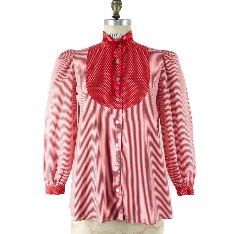 Vintage 70s Blouse Victorian Inspired Candy Stripe Bib Bow